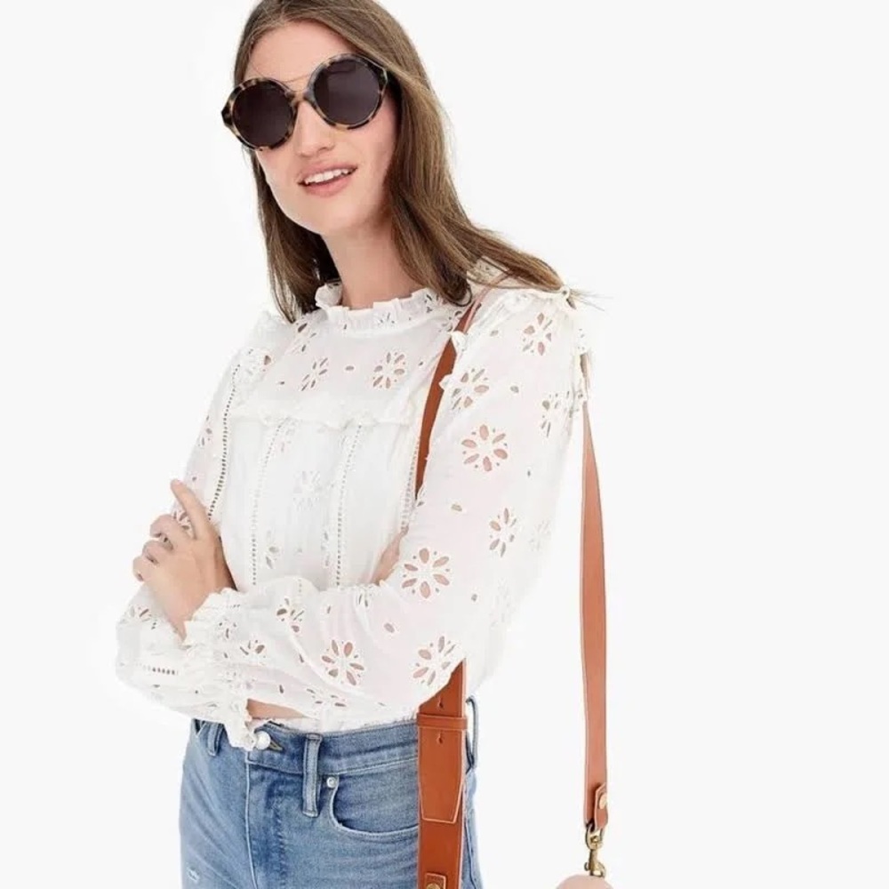 J Crew white cotton eyelet, ruffle, full lining blouse size Medium🚭